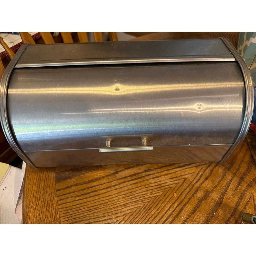 Brushed Stainless Steel Roll Top Bread Box Silver Kitchen Countertop Storage